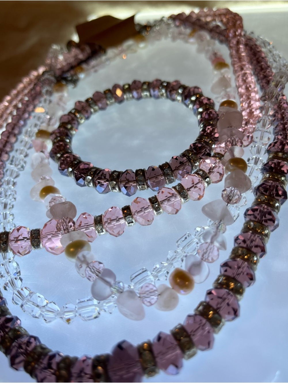 Rose Quartz Pink Glass AB Crystal Beaded Necklace & Bracelet Bundle